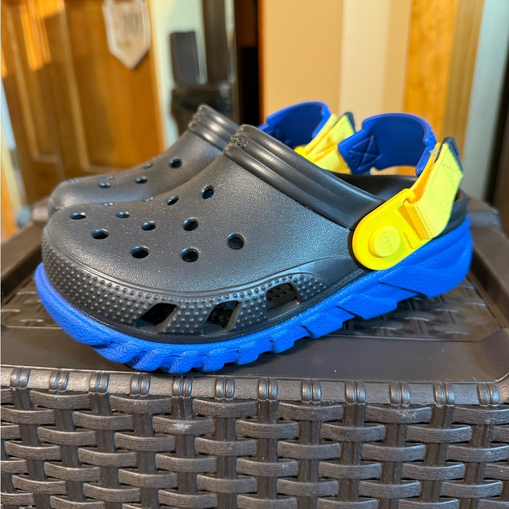 CROCS Kids Black and Blue Sandals with Yellow Strap